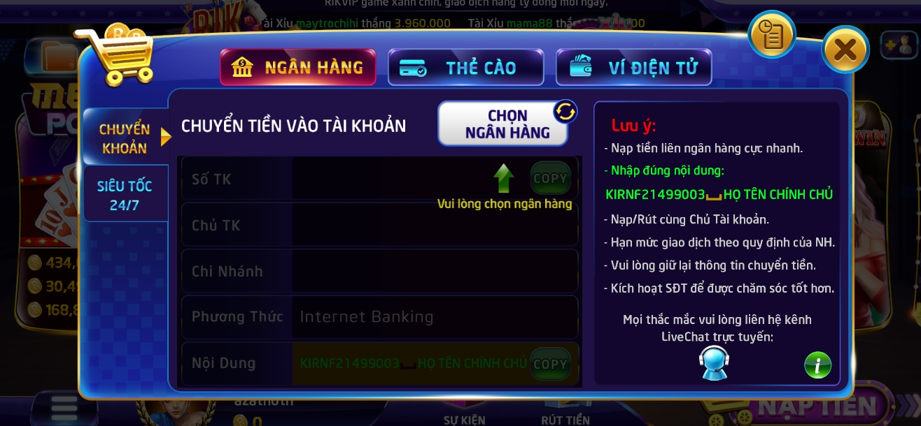 Sau khi đaăng ký Rikvip game thủ có thể nạp tiền bằng nhiều hình thức
