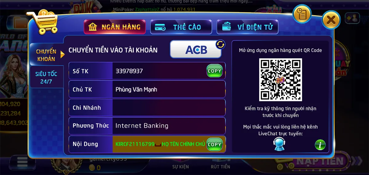 Nạp tiền vào tài khoản để chơi game Rik Vip