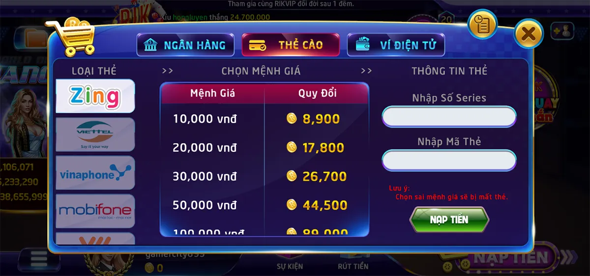 Nạp tiền Rikvip bằng thẻ cào