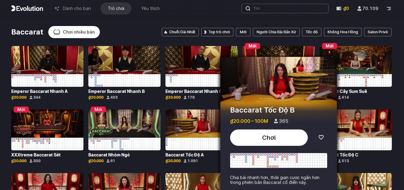 Chọn bàn chơi Baccarat tại casino Rikvip đăng nhập