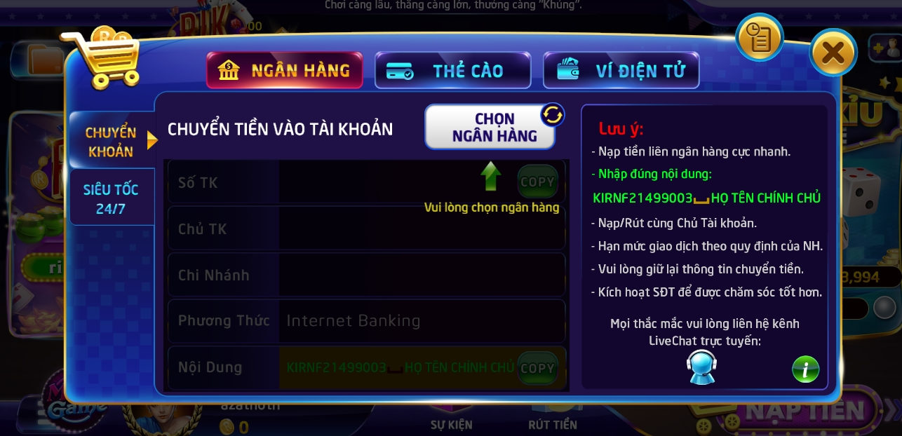 Đăng ký Rikvip và nạp tiền cược game