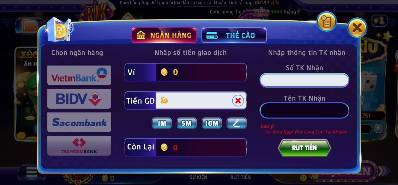Quy trình nạp tiền và rút tiền cho game thủ tham gia vào Rikvip