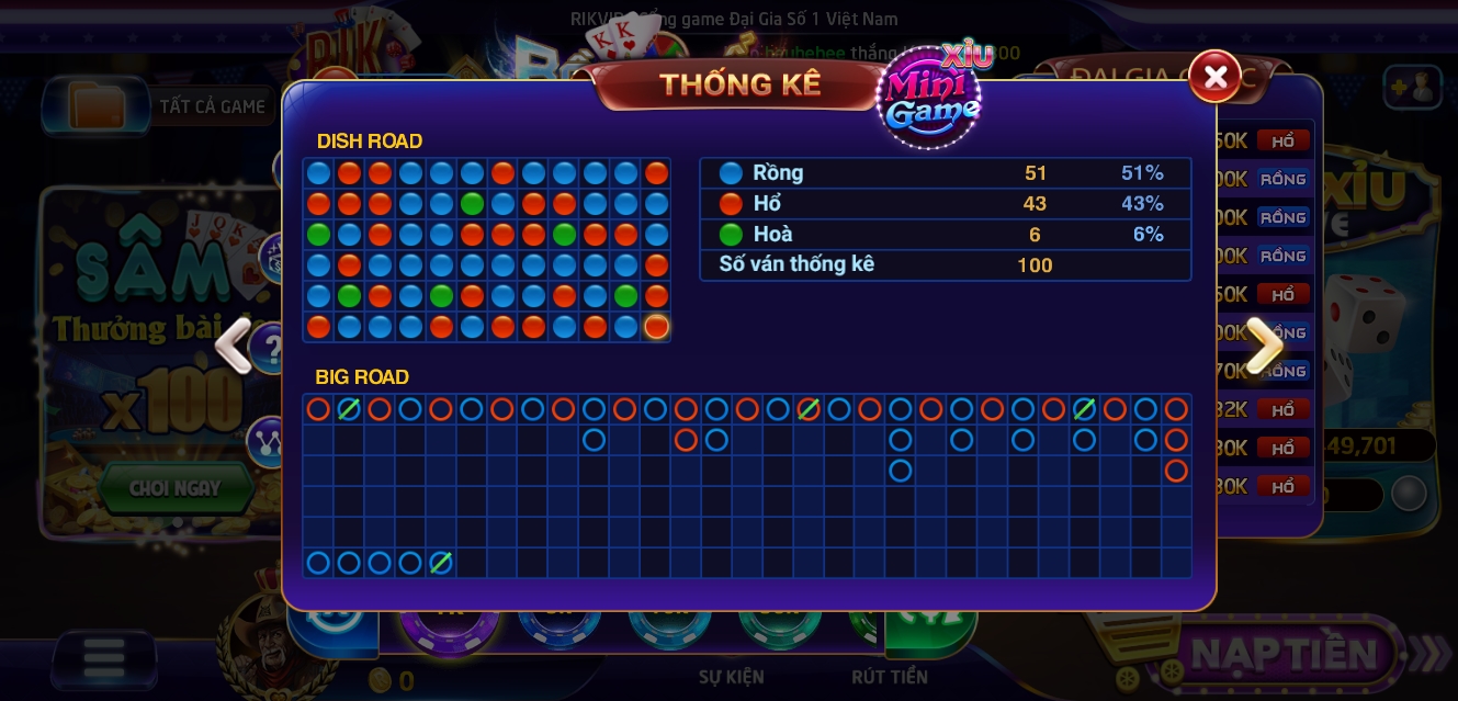 Tính năng thống kê game Rồng hổ Rik vip