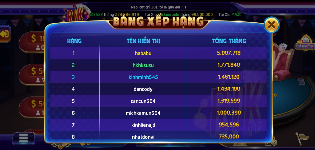 Danh sách game thủ thắng Liêng Rik vip