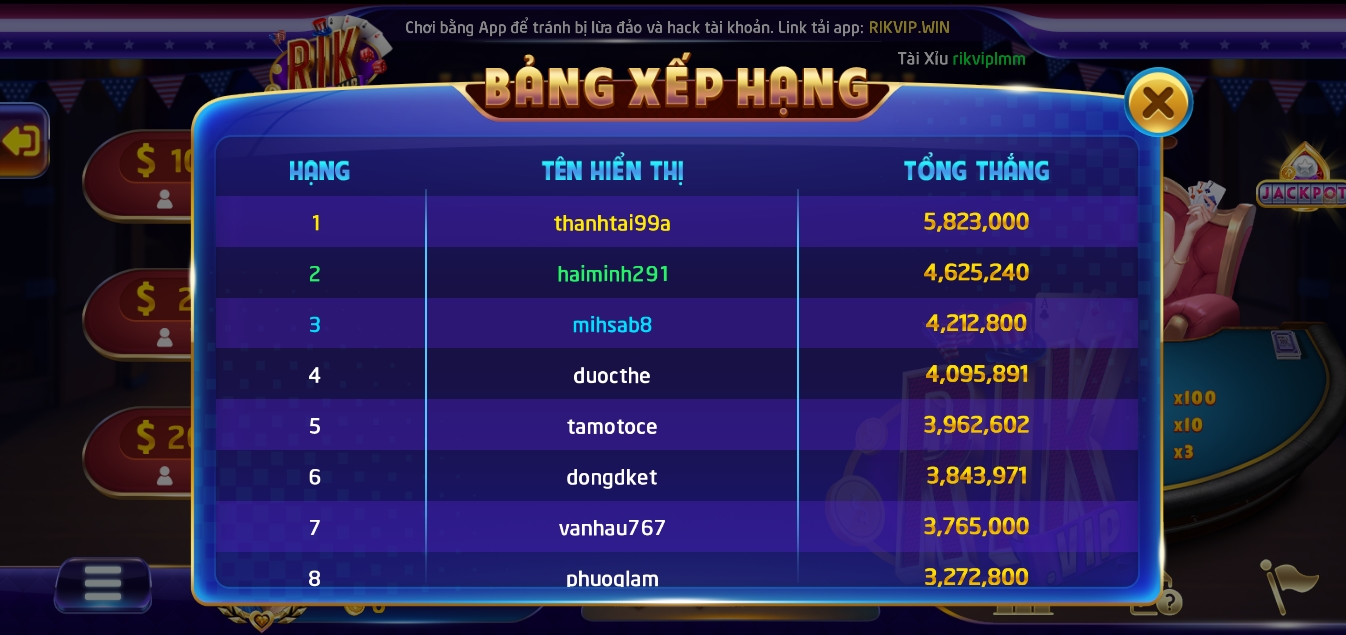 Danh sách game thủ chiến thắng mậu binh play Rikvip