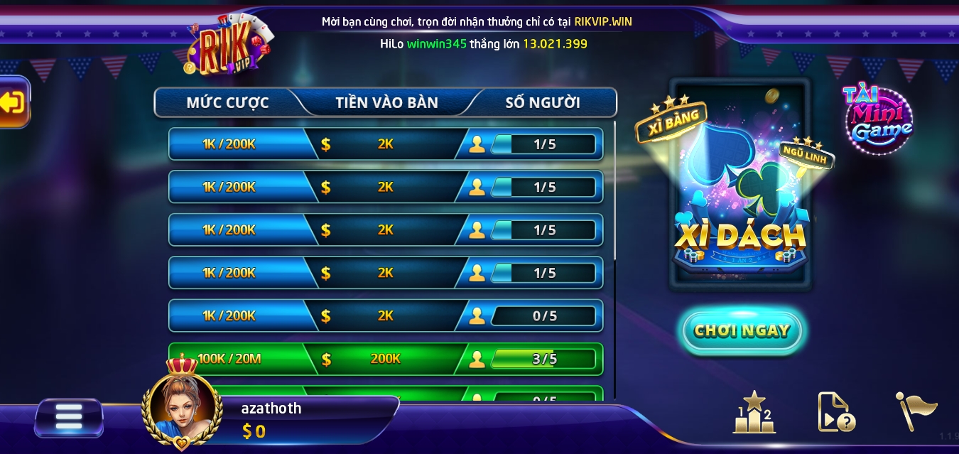 bàn chơi xì dách cho game thủ đăng ký Rikvip