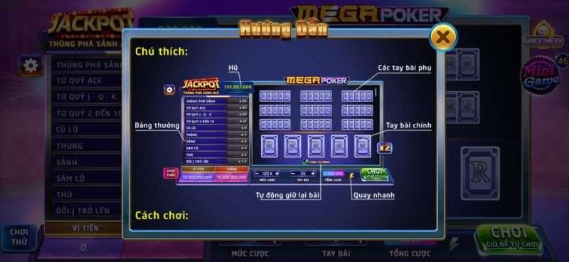 Một chức năng điều khiển game Mega Poker Rikvip