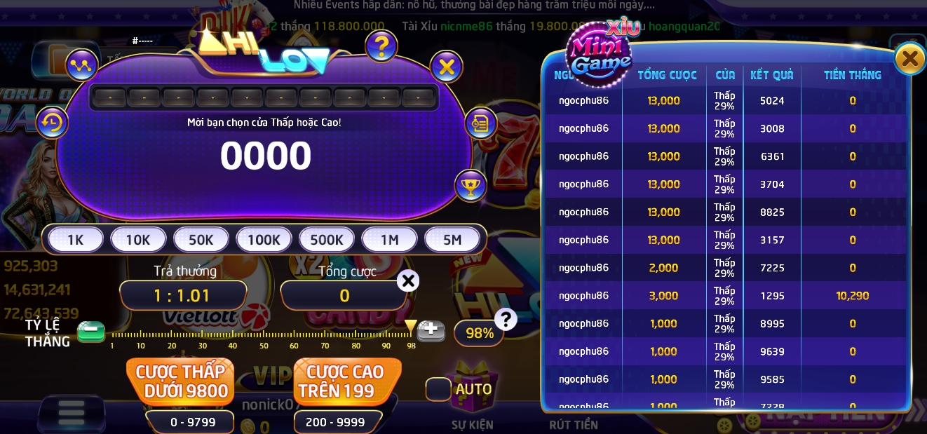 Đặt cược Hi lo tại cổng game Rikvip